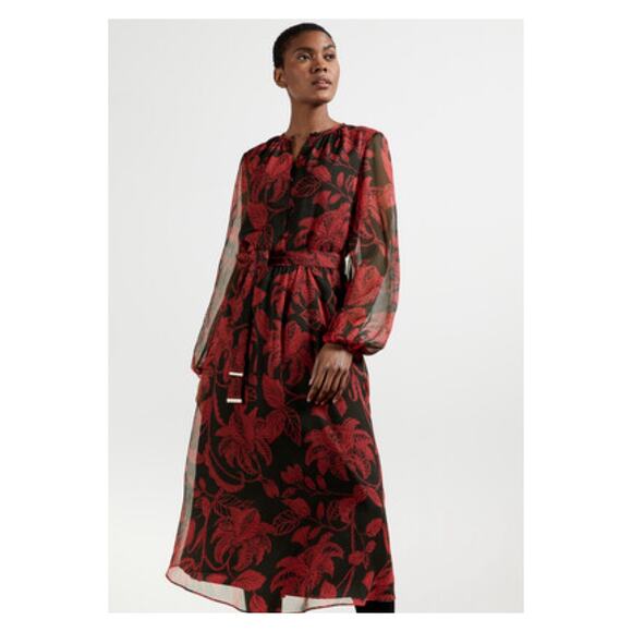 Ted Baker Black&Red Floral Hadlee Rococo Button Down Midi Dress Sz.3(US8-10) - Picture 1 of 16